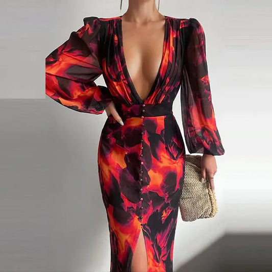 Ladies Button V-Neck Slit Dress - Kia Day Design
