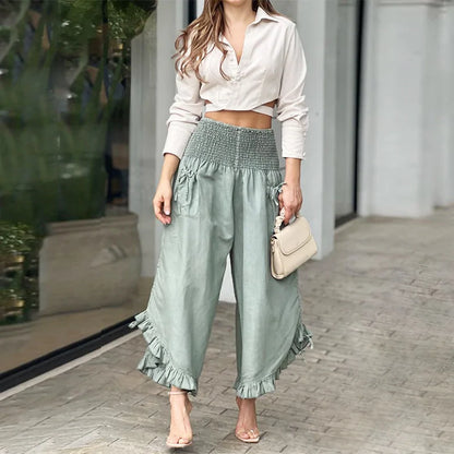 Elastic Waist Wide Leg Pants Green Extra Small