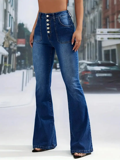 High Waisted Flared Denim Jeans with Button Pockets - Kia Day Design