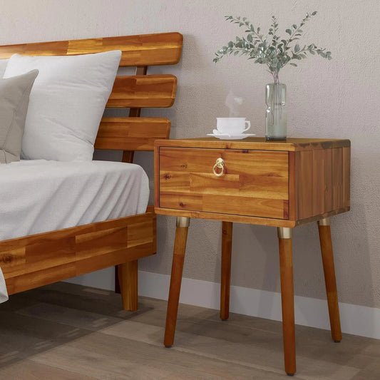 Solid Acacia Wood End Table Fully Assembled with 1-Drawer Caramel - Kia Day Design
