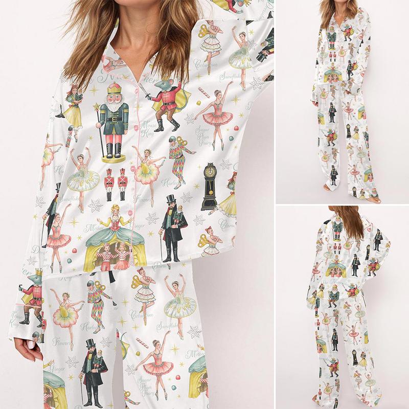 Nutcracker Ballet Christmas Satin Pajama Set For Women Print Comfy Satin Sleepwear & Loungewear Pjs Printing Silky Top & Bottoms - Long White -