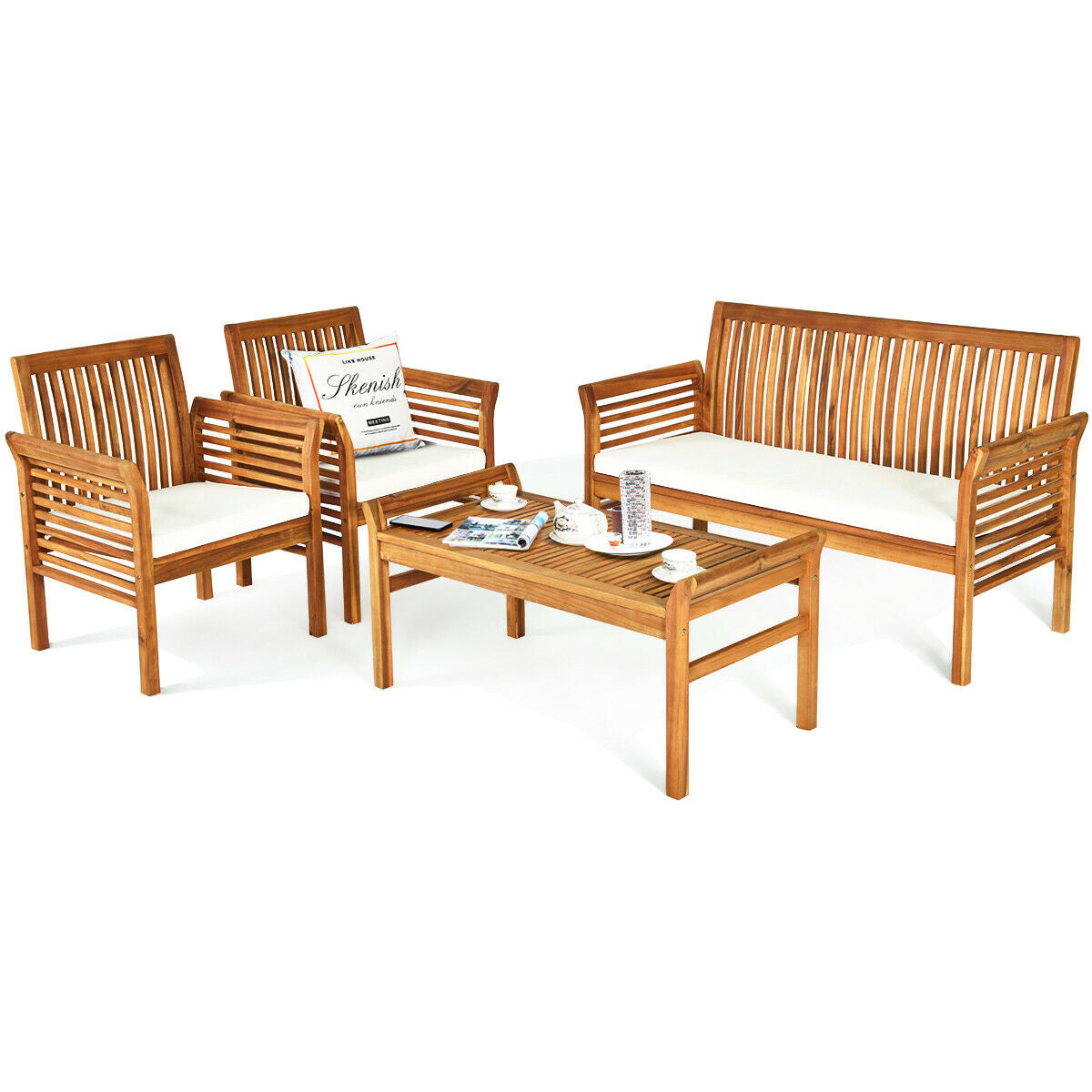 4 Pieces Outdoor Acacia Wood Sofa Furniture Set- DirectDeals- {{Product type}}