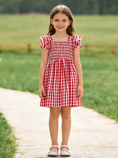Summer Plaid Smocked Ruffle Girl Dress Sibling Outfits - - Dress