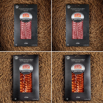 Dehesa Cordobesa® Chorizo and Salchichón de Bellota Ibérico 4 Pack - 2 (2.5 Ounces Packages of Salchichón) and 2 (2.5 Ounces Packages of Chorizo) -