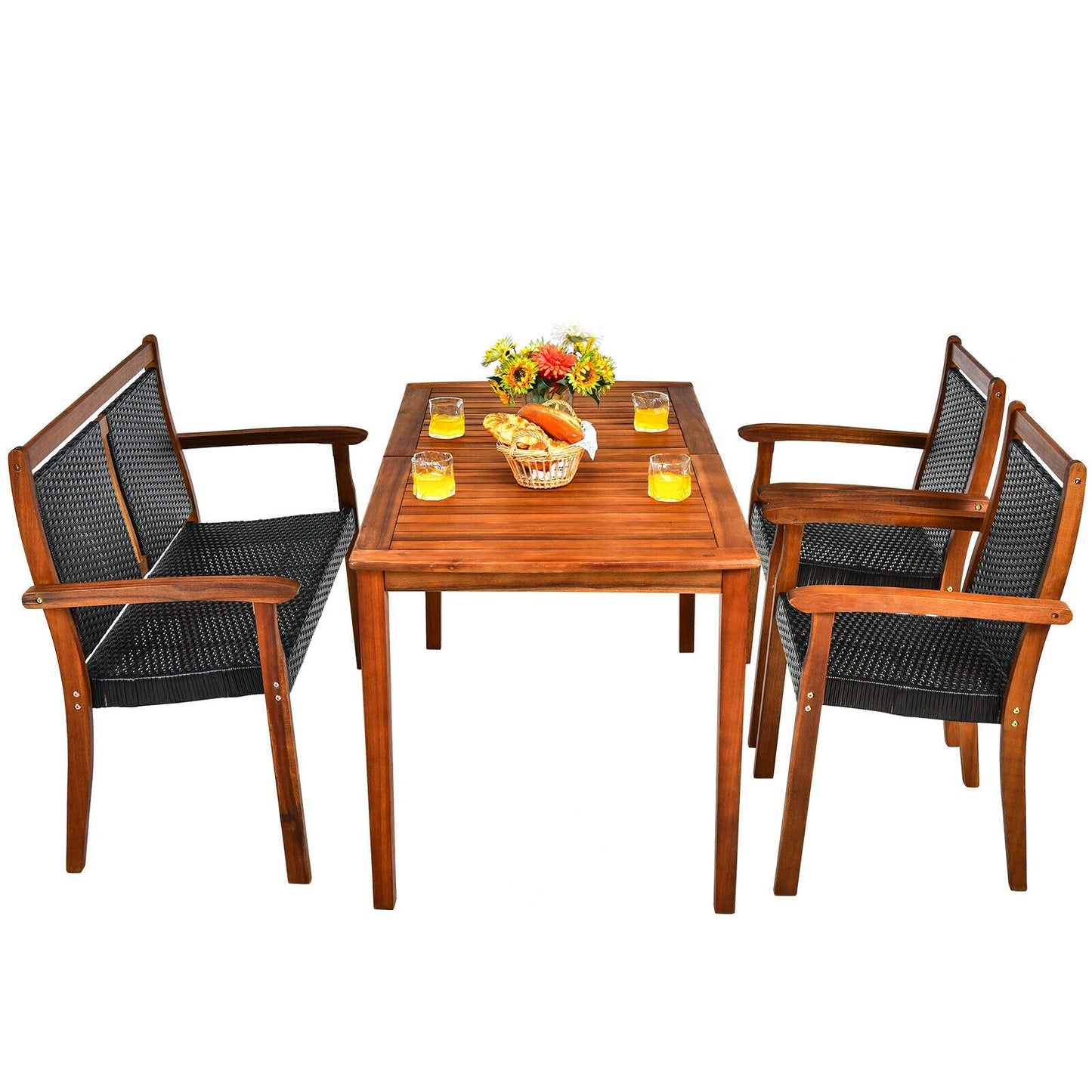 4 Pieces Acacia Wood Patio Rattan Dining Furniture Set- DirectDeals- {{Product type}}