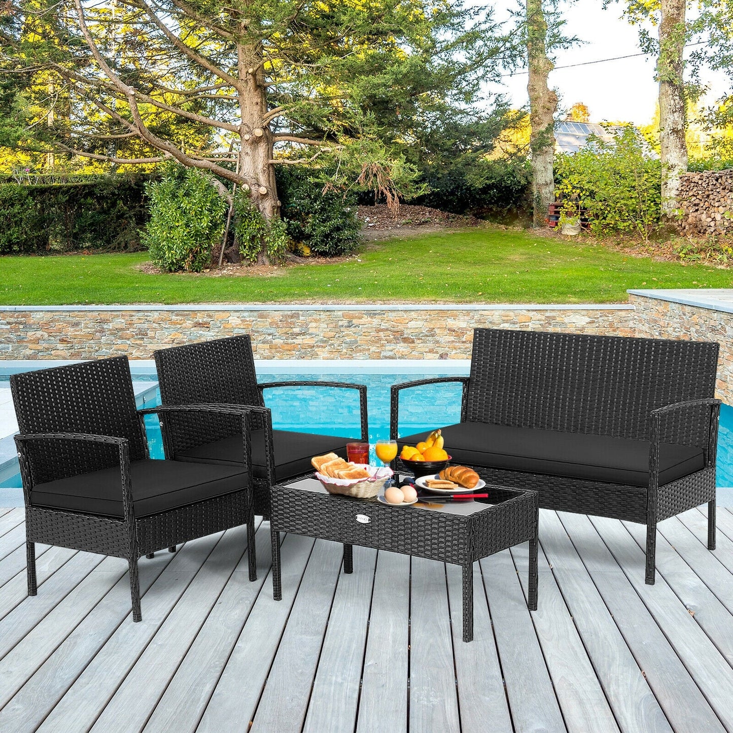 4 Pieces Patio Rattan Furniture Set with Cushion- DirectDeals- {{Product type}}