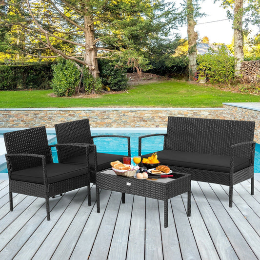4 Pieces Patio Rattan Furniture Set with Cushion - - pato