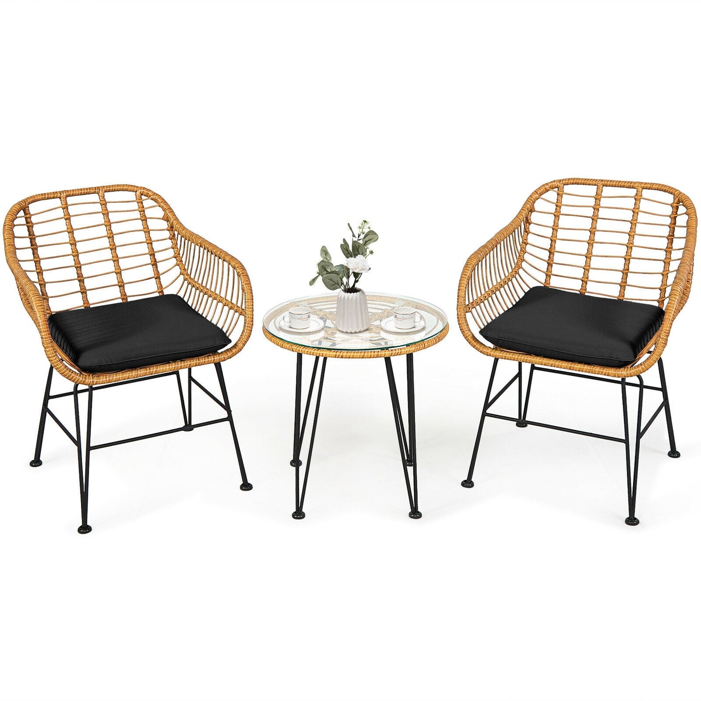 3 Pieces Rattan Furniture Set with Cushioned Chair Table- DirectDeals- {{Product type}}