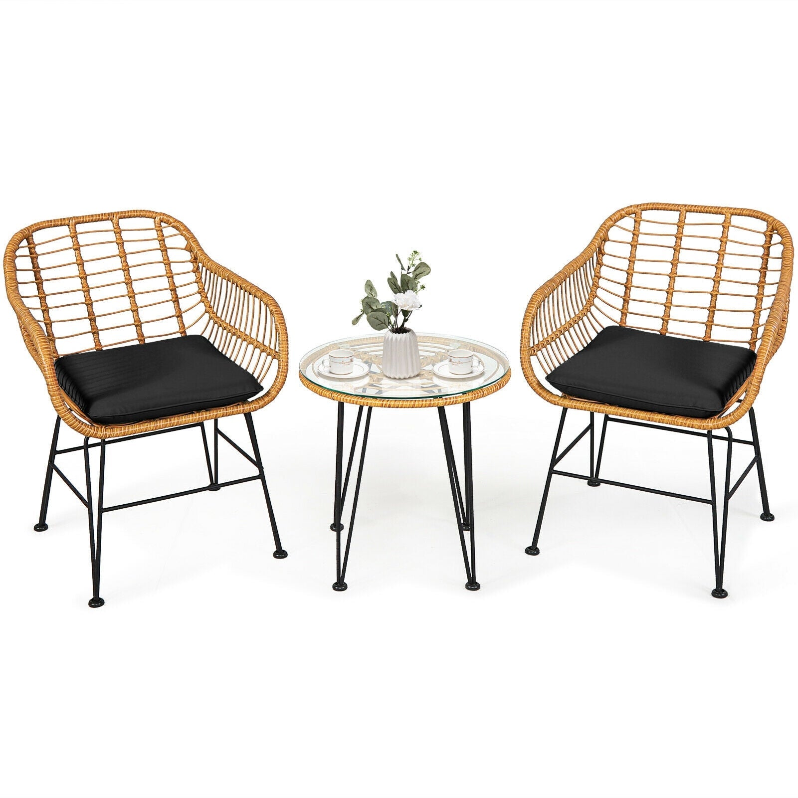 3 Pieces Rattan Furniture Set with Cushioned Chair Table- DirectDeals- {{Product type}}
