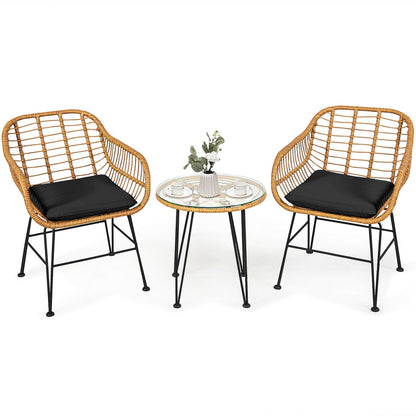 3 Pieces Rattan Furniture Set with Cushioned Chair Table- DirectDeals- {{Product type}}