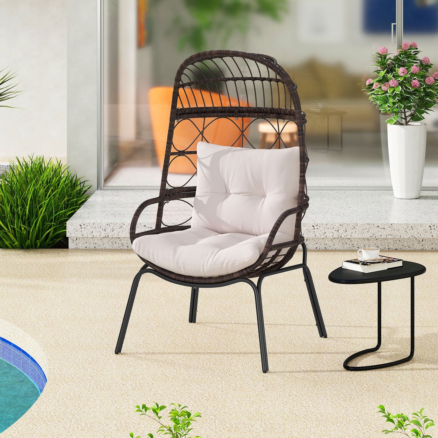 Patio Wicker Egg Chair Outdoor Rattan Lounge Basket with Seat and Back Cushions-Brown - -