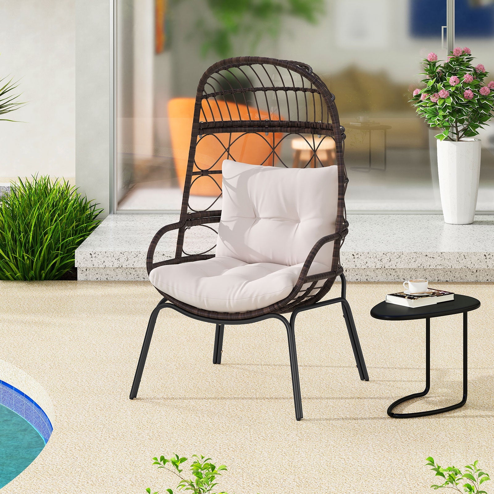 Patio Wicker Egg Chair Outdoor Rattan Lounge Basket with Seat and Back Cushions-Brown - -