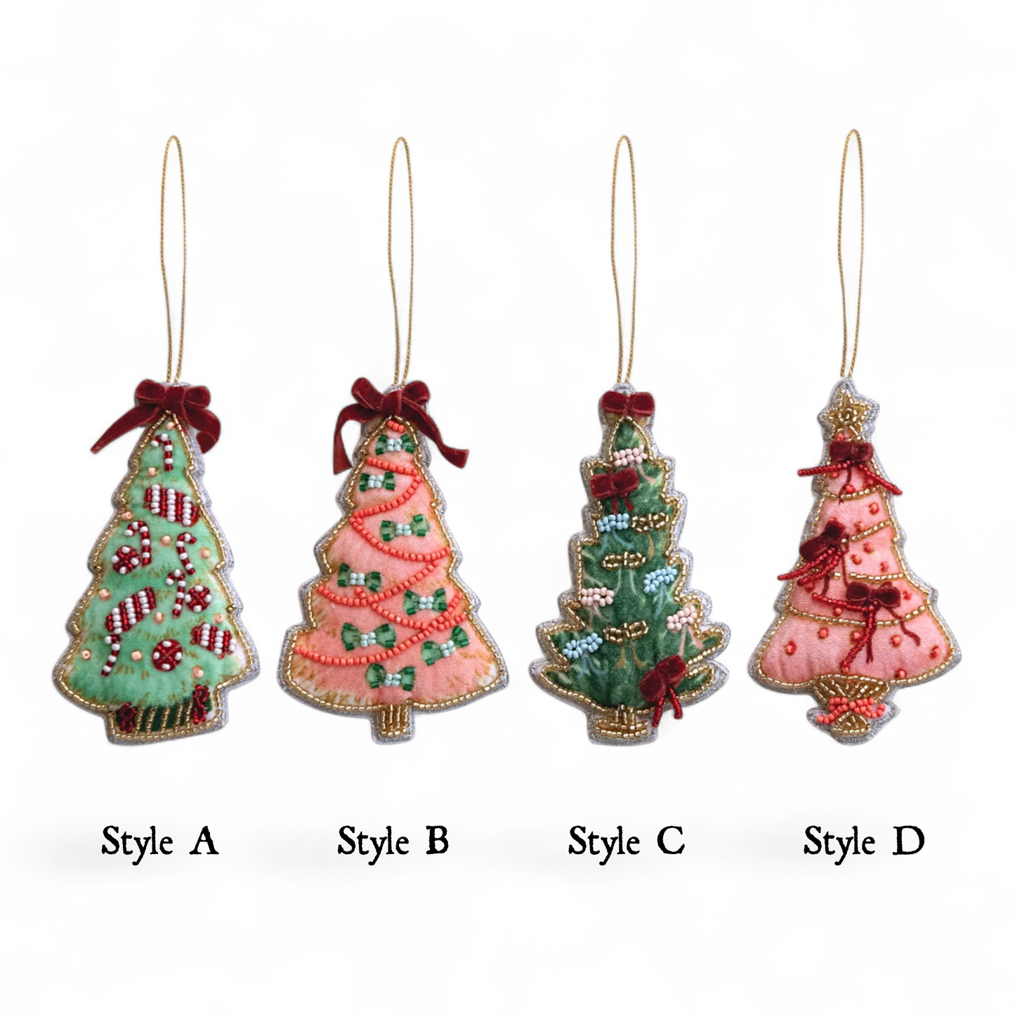 Handmade Beaded Christmas Tree Ornament with Velvet Bow - - Christmas