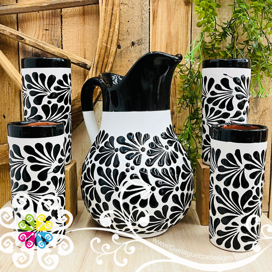 Engobe with Black Espiga Pato Pitcher Set - 4 Cups - - Authentic Mexican Clay