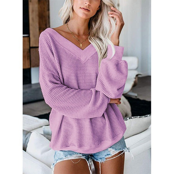V-Neck Checkered Knit Sweater - Purple L - Women's Fashion - Women's Clothing - Sweaters
