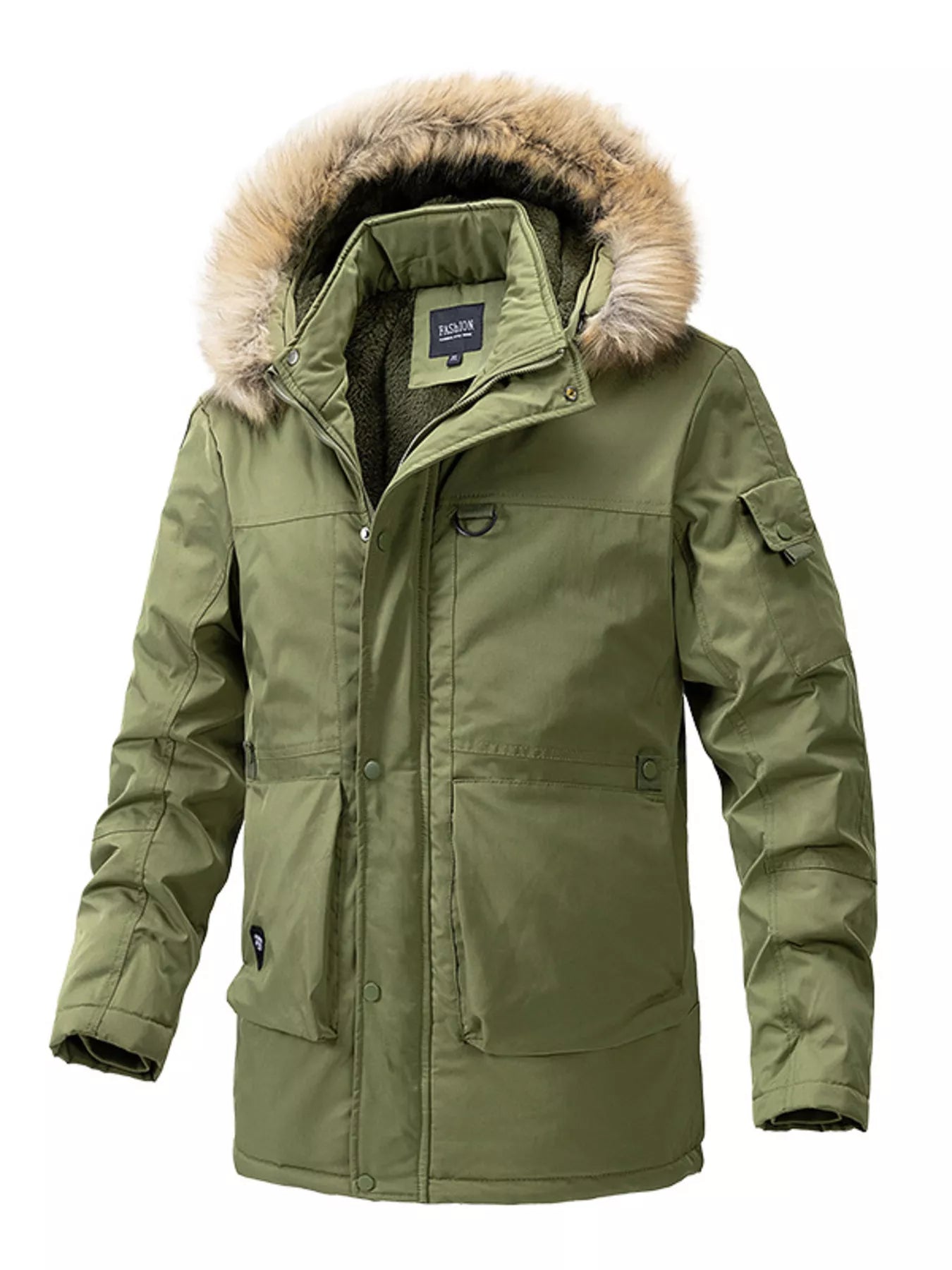 Men's Plus Size Fur Hooded Winter Parka Coat - Green -