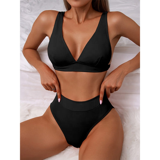 Ribbed High Waist V-Neck Bikini Push Up Bathing Suit