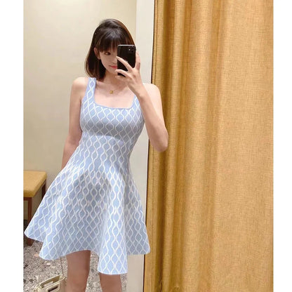 Women Blue Fashion U-Shaped Hemline Sleeveless Knit Dress