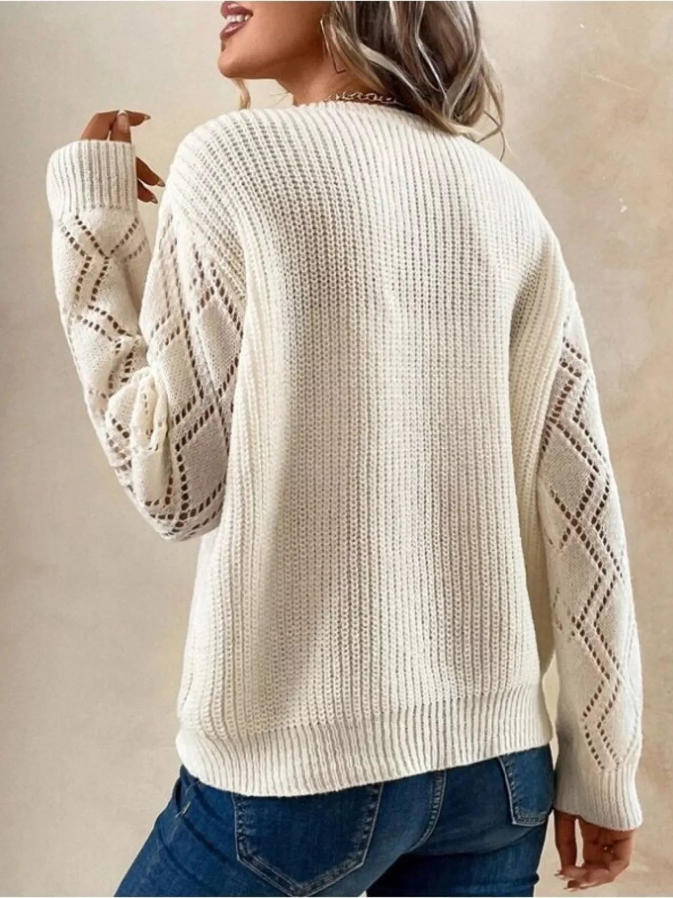 Openwork V-Neck Long Sleeve Sweater - -