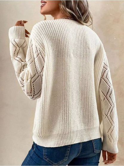 Openwork V-Neck Long Sleeve Sweater - -