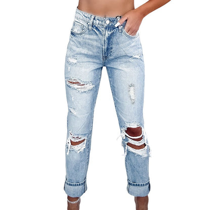 Retro High Waist Tattered Skinny Jeans - LC7874095 Sky Blue 12 - Women's Fashion - Women's Clothing - Bottoms - Jeans
