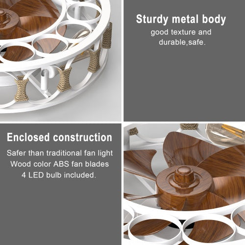6 Speed White Cage Ceiling Fan With Light Remote Control - - light