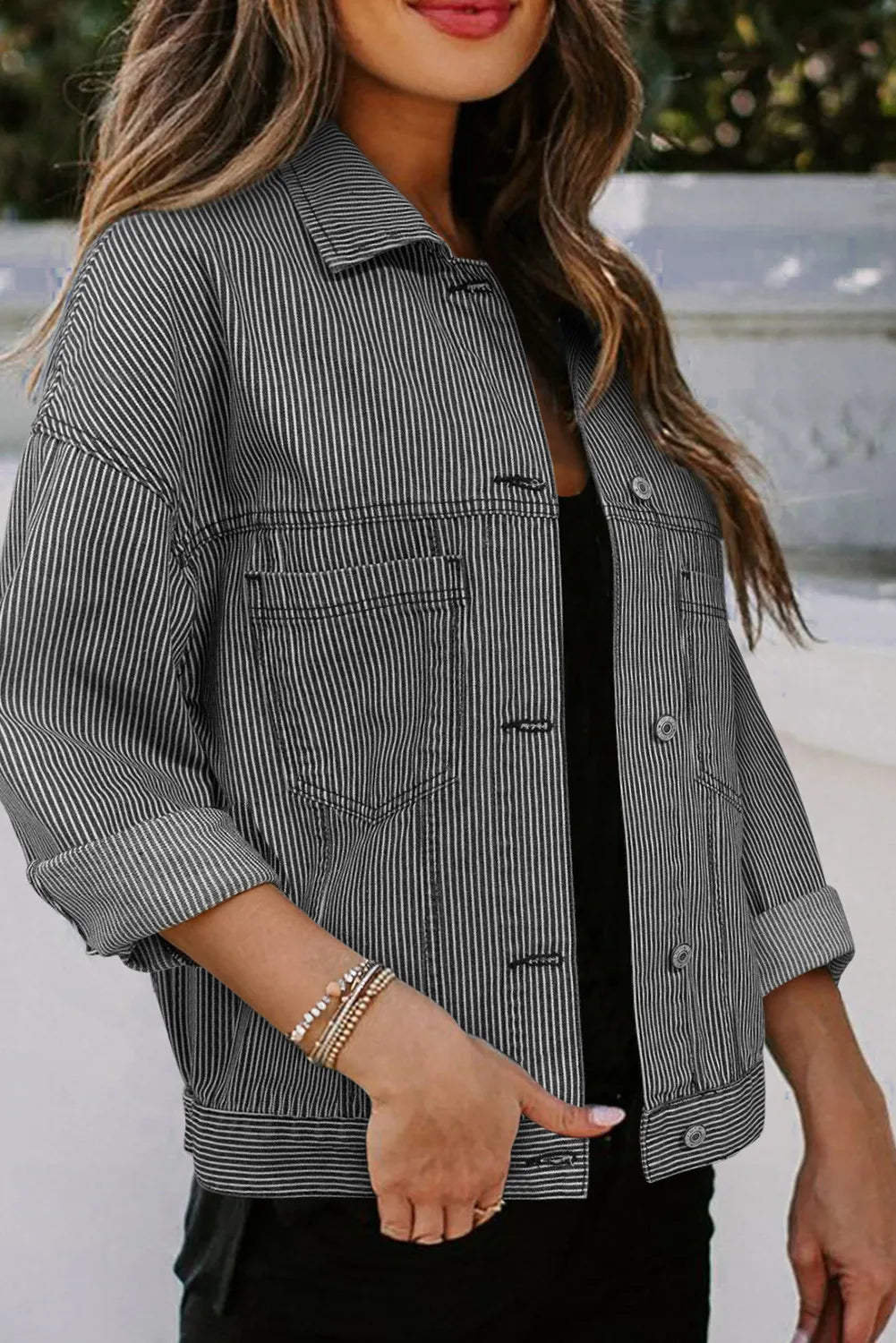Striped Button Up Long Sleeve Denim Jacket - -