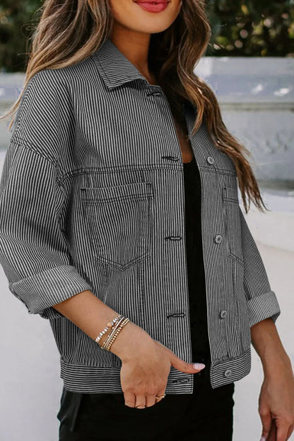Striped Button Up Long Sleeve Denim Jacket - -