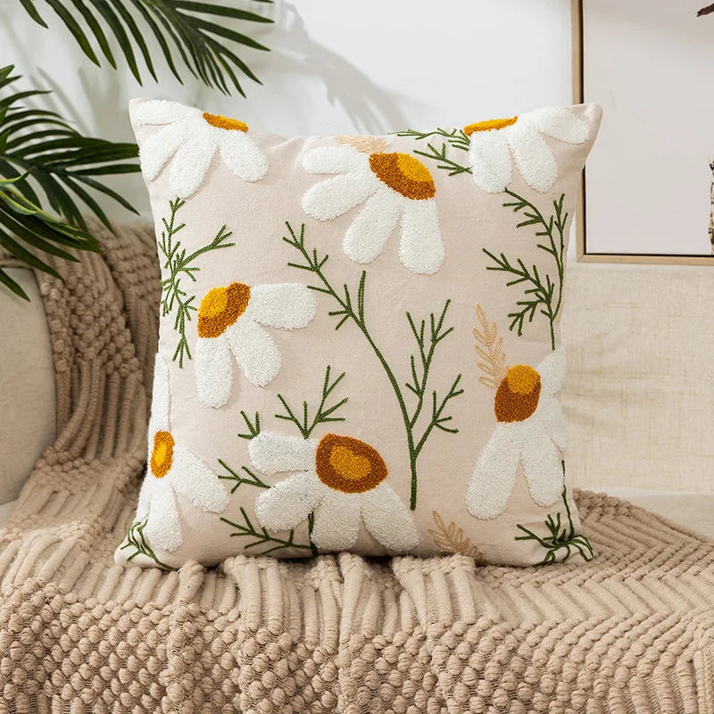 Flower Pillow Cover Embroidered Canvas Wool 18*18 Inch