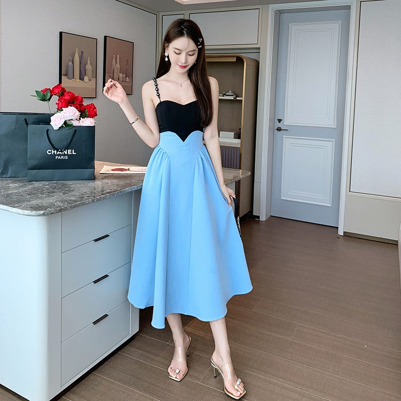 Elegant Sundress A-Line French Suspender Party Dress Big Swing Blue Midi Dress