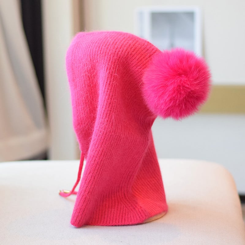Cozy Rabbit Fur Winter Beanie - Rose Red Average Size - hat