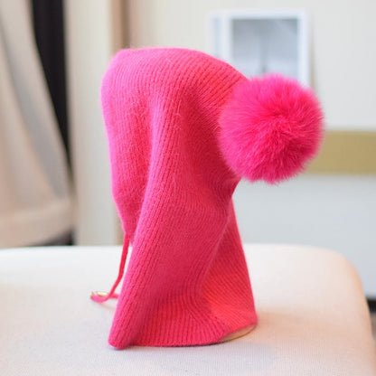 Cozy Rabbit Fur Winter Beanie - Rose Red Average Size - hat