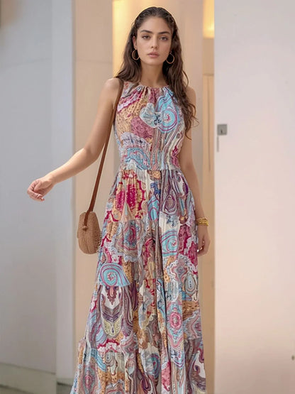 Printed Halter Neck Maxi Dress - Blue Flower -