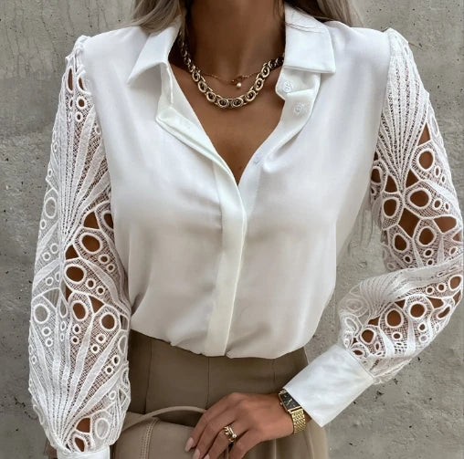 Women's Lace Spliced Shirt OL Lapel Shirt