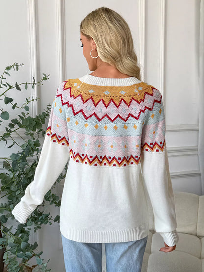 Geometric Round Neck Long Sleeve Sweater - -