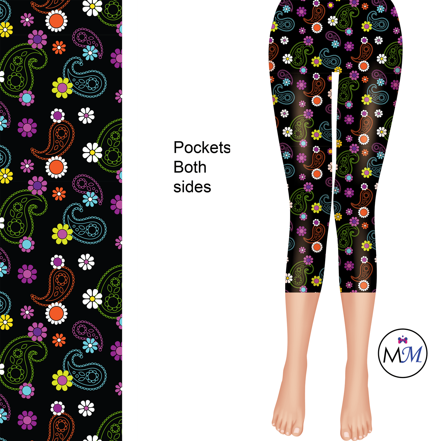 Black Paisley Colorful Capri Length Leggings with pockets - Capri - Apparel