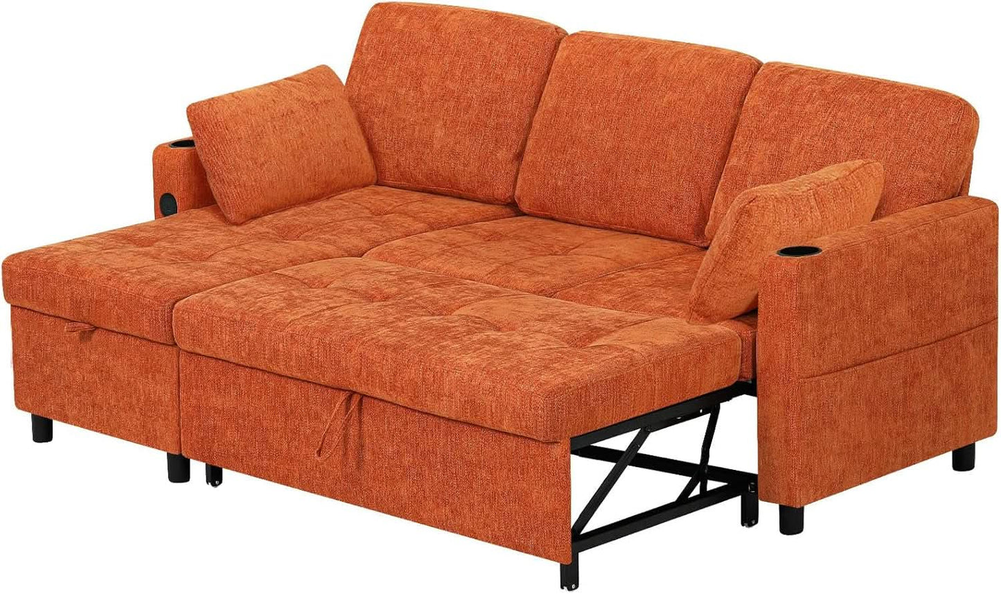 84Inches BrightOrange Chenille Pullout Sofa Bed USBPort- ShipItFurniture- {{Product type}}