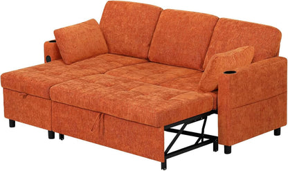 84Inches BrightOrange Chenille Pullout Sofa Bed USBPort- ShipItFurniture- {{Product type}}
