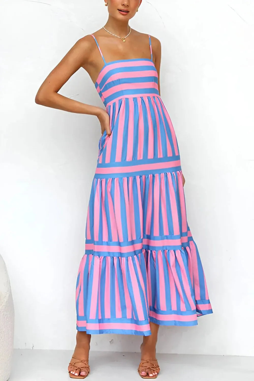 Striped Tiered Maxi Cami Dress - -