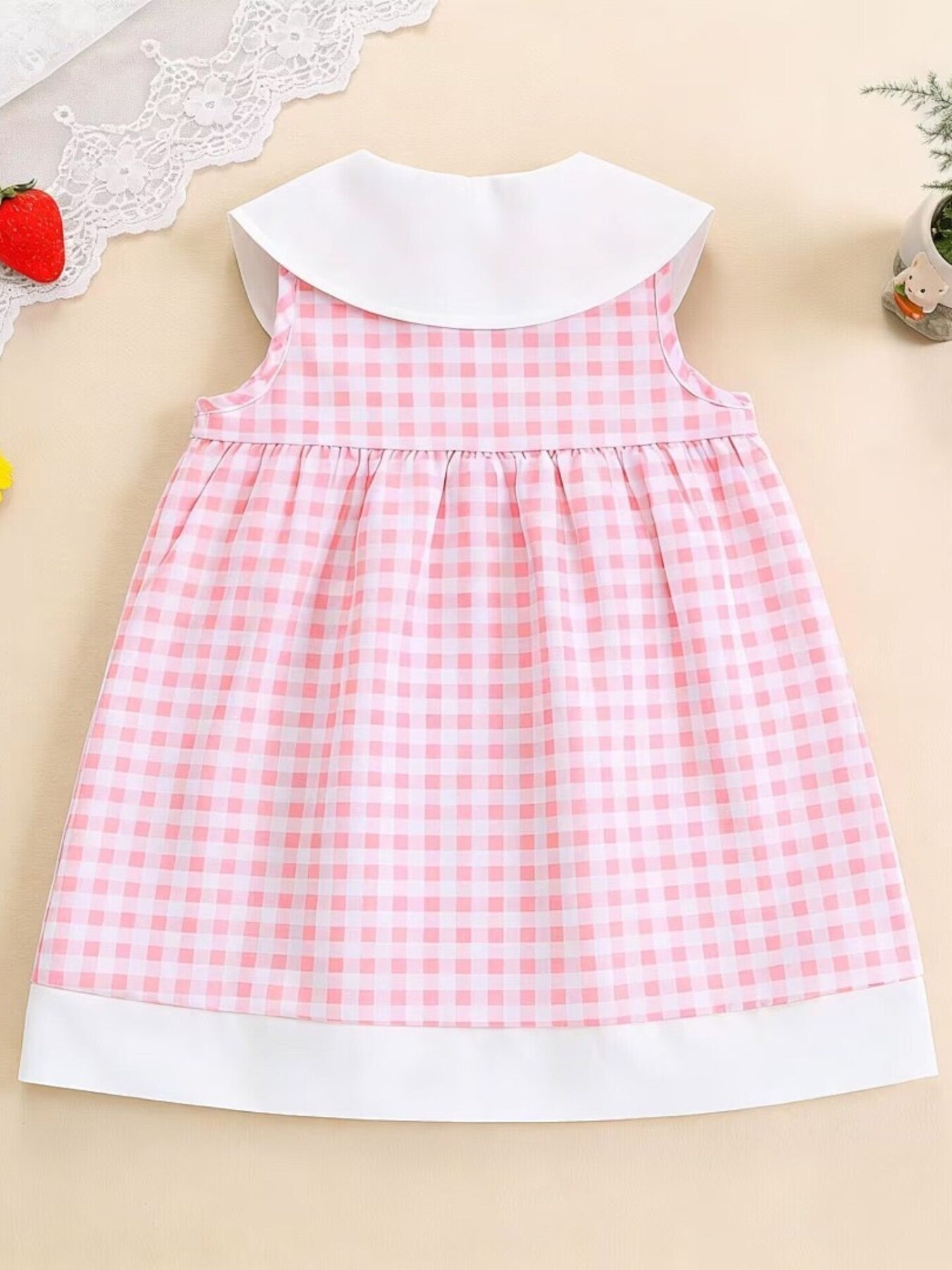 Children's Fruit Embroidered Sleeveless Plaid Dress - -