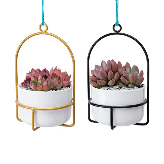 Mini Hanging Planters for Window 3.9" Ceramic Plant Pot With Metal Hangers