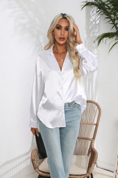 Lapel Collar Button Up Long Sleeve Shirt - White -