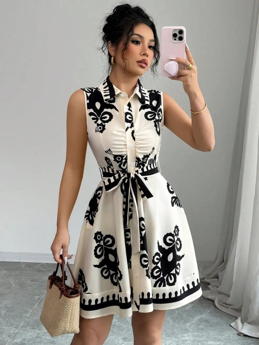 Printed Sleeveless Button Front Dress - Black -