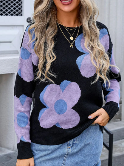Angel Wings Flower Round Neck Long Sleeve Sweater - Black -