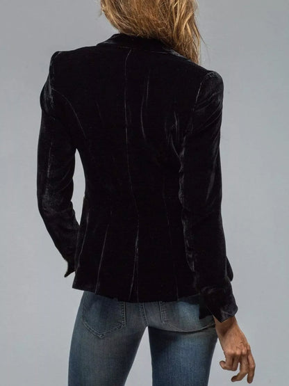 Velvet Lapel Collar Button Up Blazer - -