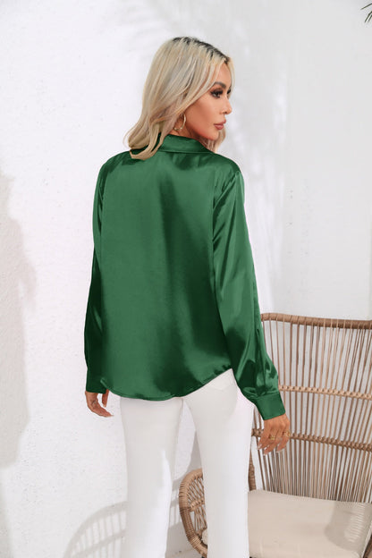 Lapel Collar Button Up Long Sleeve Shirt - -