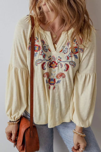 Embroidered Notched Long Sleeve Blouse - -