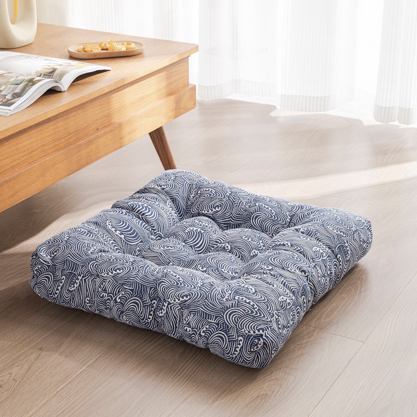 Japanese-Style Cotton Futon Floor Cushion (Round or Square) - Square 2 Style - Floor Cushion