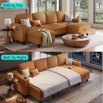 Brown UShaped Convertible Sectional Sofa Bed USBPort- ShipItFurniture- {{Product type}}