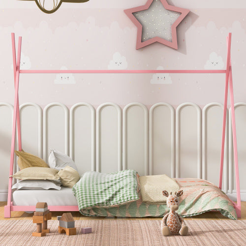 Metal Twin Size House Platform Bed With Triangle Structure - - bed frame